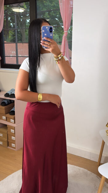 Jupe Longue en Satin Bordeaux
