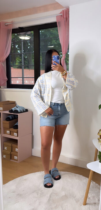 Cardigan crochet pastel bleu & crème