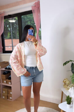 Cardigan crochet pastel rose & crème