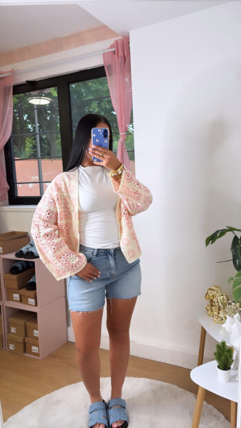 Cardigan crochet pastel rose & crème